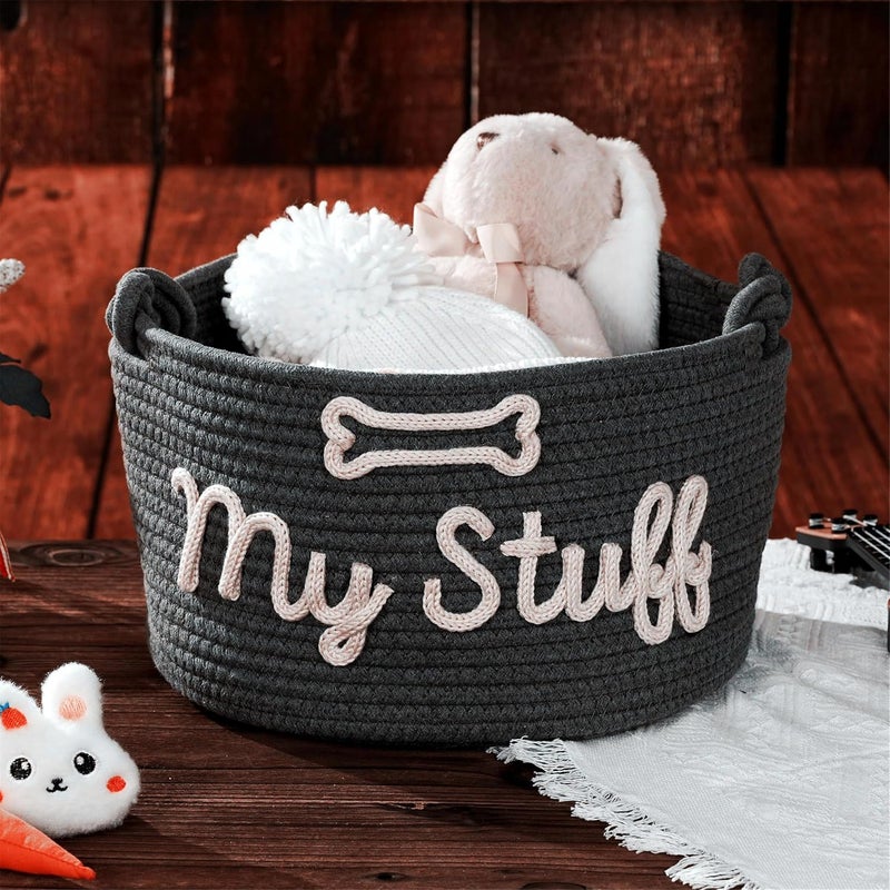 JUPPE Pet Storage Basket with Rope Handles, Cotton Woven Dog Toy Bin, Black with 'My Stuff' Text, Decorative Organization, Dog Toy Organizer (Black grey dog basket) - Image 2